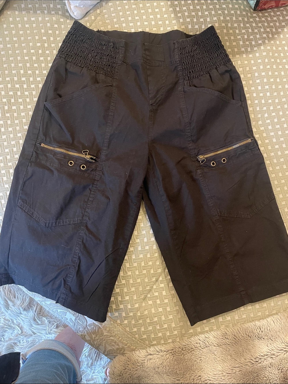 Black Women's Cargo Shorts with Smocked Waist